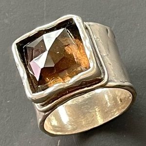 Silpada hammered brown smoky quartz wide band ring size 7